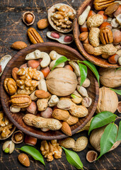 Different types of nuts in bowls with green leaves.