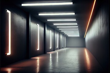 Neon Laser White Lights Hangar Garage Studio Rough Concrete Cement Asphalt Realistic Tunnel Corridor Hallway Showroom Warehouse Basement Spotlight Studio Underground. AI generated art illustration.	