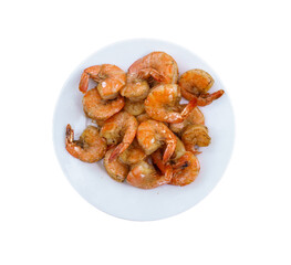 To prepare for another meal, shrimp with shells are stir-fried. The shrimp shell is still on to protect the shrimp from shrinking due to heat. White background with photo and vector for design idea.