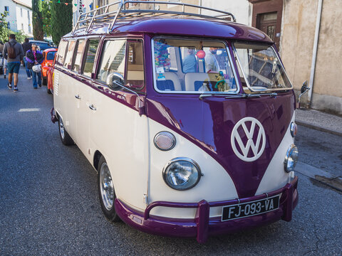 Loriol sur Drome, France - 17 September , 2022: Vintage purple Volkswagen T1 Transporter on the street. Classic car exhibition in Loriol sur Drome, France.