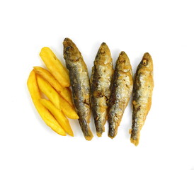 Deep Fried small Fishes Isolated On White Background. Simply food ,simply cooking - fried anchovies with potatoes.