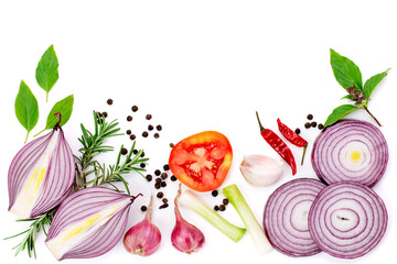 Composition of various herbs and spices vegetables rosemary pepper onion, garlic, tomato fresh red...