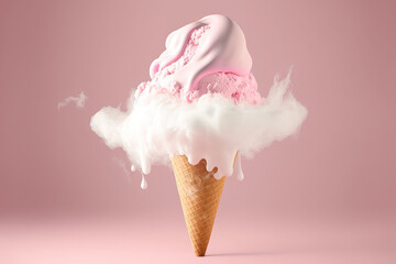 Cone of ice cream and white smoke against a light pink background. Lay flat. Simple summertime idea. Generative AI