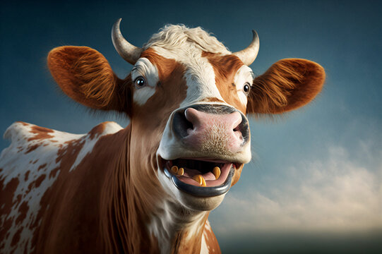 AI generative illustration of happy smiling cow on blurred background.