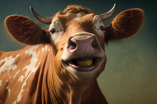 AI generative illustration of happy smiling cow on blurred background.