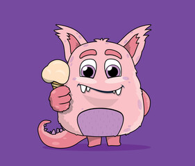 Colorful pink monster. Charming and cute character with ice cream. Sticker for social networks and reaction for messengers. Holiday of fear and horror, Halloween. Cartoon flat vector illustration