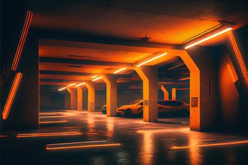 Sci Fi Futuristic Modern Parking Neon Glowing Laser Orange Yellow Cement Concrete Reflective Dark Underground Car Showroom Warehouse Garage Background 3D Rendering. AI generated art illustration.
