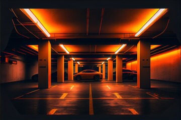Sci Fi Futuristic Modern Parking Neon Glowing Laser Orange Yellow Cement Concrete Reflective Dark Underground Car Showroom Warehouse Garage Background 3D Rendering. AI generated art illustration.