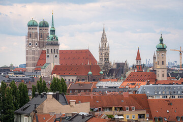 Panorama of Munich (German: München) the capital of the German state of Bavaria with Marienplatz with Neues Rathaus and Frauenkirche in the background