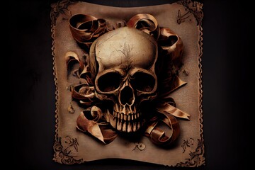 Skull and crossbones. Pirate old fabric with one patche texture. AI generated art illustration.