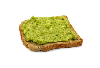 Traditional latinamerican mexican sauce guacamole isolated. Avocado cream on bread isolated on white background. Healthy food.