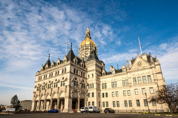 Hartford, CT - USA - Dec 28, 2022 Three quarter view of the historic Connecticut State Capitol, The...