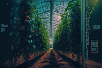 Industrial greenhouse with rare view of a person standing in front of it, created with Generative AI technology