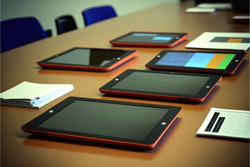 Obraz na płótnie Canvas Group of tablets on a desk in a classroom, created with Generative AI technology