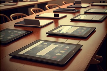 Group of tablets on a desk in a classroom, created with Generative AI technology