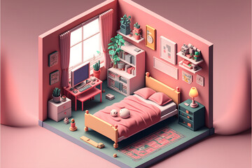 Isometric Pink Bedroom