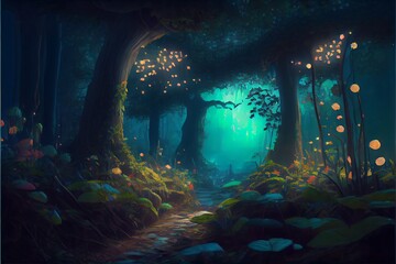 Fantasy forest scene. Generative AI