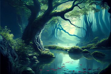 Fototapeta na wymiar magical fantasy forest with river or lake. background.. Generative AI