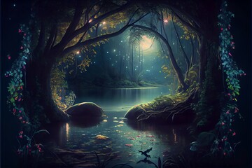 magical fantasy forest with river or lake. background.. Generative AI