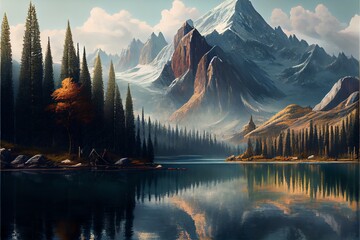 Beautiful mountain and lake.. Generative AI