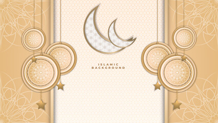 Abstract gold islamic ramadan background with ramadan theme, with illustrations of mosques, moon, mandala and lanterns. Arabic style arch in beige color with traditional pattern.