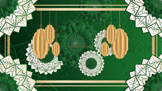 Abstract islamic Ramadan Kareem background with green and gold color scheme. Islamic art background. Gold moon and abstract luxury islamic elements background