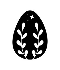 Black egg silhouette. Leaves and stars. Easter and spring season, culture, traditions and religion. Sticker for social networks and messengers. Template and layout. Cartoon flat vector illustration