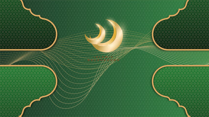 Abstract islamic Ramadan Kareem background with green and gold color scheme. Islamic art background. Gold moon and abstract luxury islamic elements background