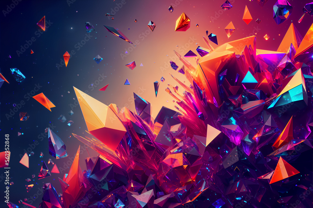 Poster beautiful colorful crystals explosion with sharp polygonal pieces. colorful geometric abstract backg