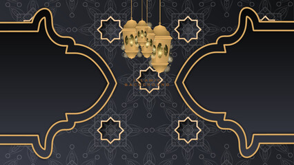 Abstract Ramadan Kareem background with black and gold color gradient. Vector illustration in black gold gradient background with moon, cloud, star, and mosque decoration. Luxury islamic background