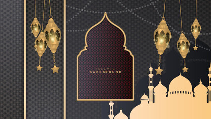 Abstract Ramadan Kareem background with black and gold color gradient. Vector illustration in black gold gradient background with moon, cloud, star, and mosque decoration. Luxury islamic background