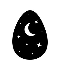 Black egg silhouette. Starry sky with moon, galaxy, universe and space. Sticker for social networks and instant messengers. Nature, spring season and wild life. Cartoon flat vector illustration