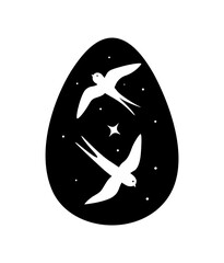 Black egg silhouette. Birds or swallows against background of starry sky, galaxy and wind, night. Minimalistic patterns. Sticker for social networks and messengers. Cartoon flat vector illustration