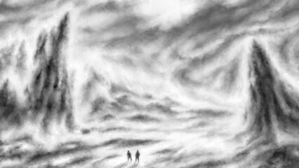 Two men walking through valley.. Dark silhouette scary illustration. Horror fantasy genre. Despair in fog apocalypse. Hazy landscape inspiring melancholy. Coal noise effect. Black white background.