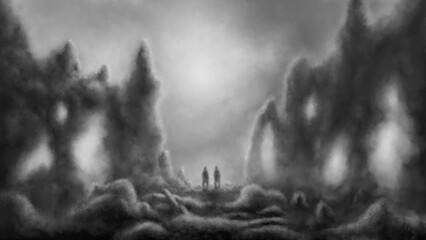 Two men stand among stone ruins. Dark silhouette scary illustration. Despair in fog apocalypse. Hazy landscape inspiring melancholy. Horror fantasy genre. Coal noise effect. Black white background.