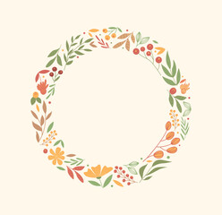 Floral round frame. Graphic element for website. Template, layout and mock up. Spring and summer season. Aesthetics and elegance. Branches, leaf and berries. Cartoon flat vector illustration
