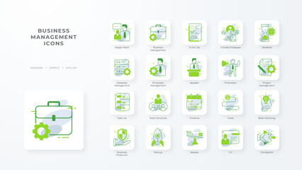 Business management icon collection with green outline style. office, teamwork, meeting, strategy, professional, manager, corporate. Vector Illustration