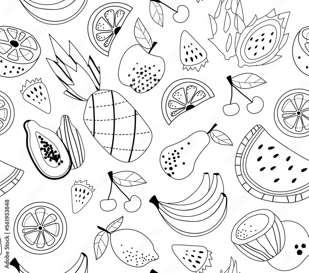 Poster fruits line seamless pattern. repeating design element for printing on fabric. tropics and exotic, n