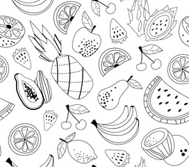 Obraz premium Fruits line seamless pattern. Repeating design element for printing on fabric. Tropics and exotic, natural and organic products. Pineapple, cherry and banana. Cartoon flat vector illustration