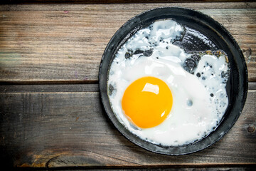 Fried egg in a frying pan.