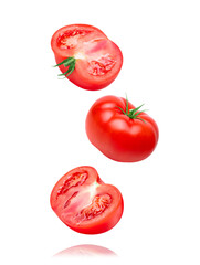 Tomato vegetables isolated on white or transparent background. Thee fresh tomatoes whole and cut...
