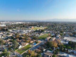 Aerial view of Ontario city in California with mountains in the background, California, USA