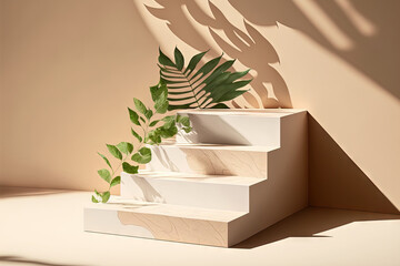 placed on a wooden platform with a leafy shadow. background of beige copy space. Mockup for a cosmetics or beauty product. pedestal of natural stone steps. Modern and trendy graphic and banner