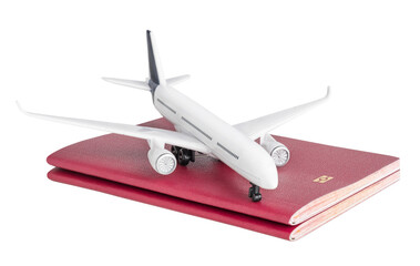 Airplane and passport isolated on white or transparent background. Flight, travel concept.