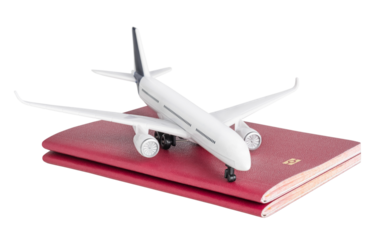 Airplane and passport isolated on white or transparent background. Flight, travel concept.
