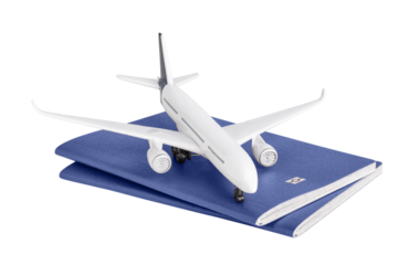 Airplane and passport isolated on white or transparent background. Flight, travel concept.