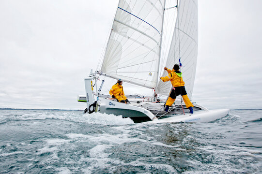 Training session before the Atlantic Crossing from Lorient in Brittany to Saint-Barthelemy, French West Indies for Vincent Beauvarlet and Vincent Lantin on a 23 feet multihull ( Mu