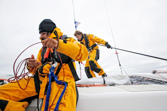 Training session before the Atlantic Crossing from Lorient in Brittany to Saint-Barthelemy, French West Indies for Vincent Beauvarlet and Vincent Lantin on a 23 feet multihull ( Mu