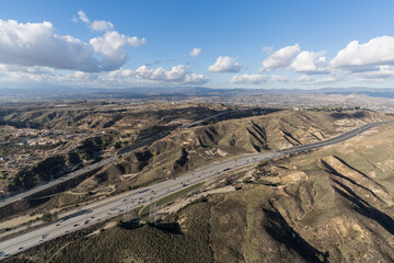 Aerial view of the the Santa Clarita Valley and 14 freeway near Newhall and Los Angeles in Southern California.