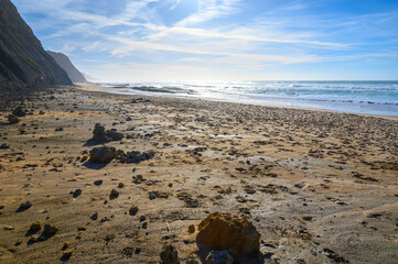Magoito Beach, beautiful sandy beach on Sintra coast, Lisbon district, Portugal, part of...